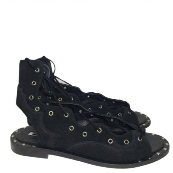 McQ Alexander McQueen Black Open Toe Lace Up Flats - Picture 6 of 12